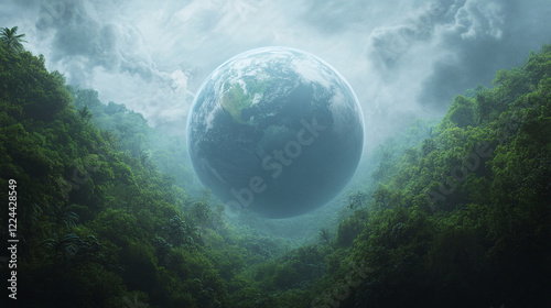 Floating Earth in a Lush Jungle Landscape photo