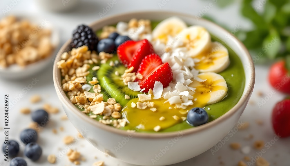 Capture a hyper-realistic 8k image of a matcha smoothie bowl topped with a variety of healthy ingredients, such as granola, coconut flakes, fresh fruits (like banana slices, strawberries, or Capture a hyper-realistic 8k image of a matcha smoothie bowl topped with a variety of healthy ingredients, such as granola, coconut flakes, fresh fruits (like banana slices, strawberries, or