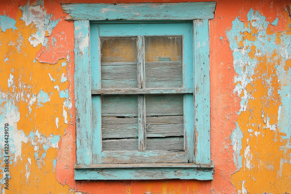 Broken glass on window in weathered wall, urban setting. Broken glass on window in weathered wall, urban setting.