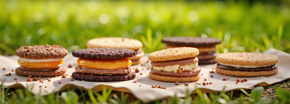 Delicious alfajores arranged in circle on grass, joyful picnic vibes