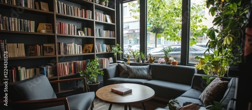 Inviting coffee shop reading nook with a bookshelf and large windows overlooking the street