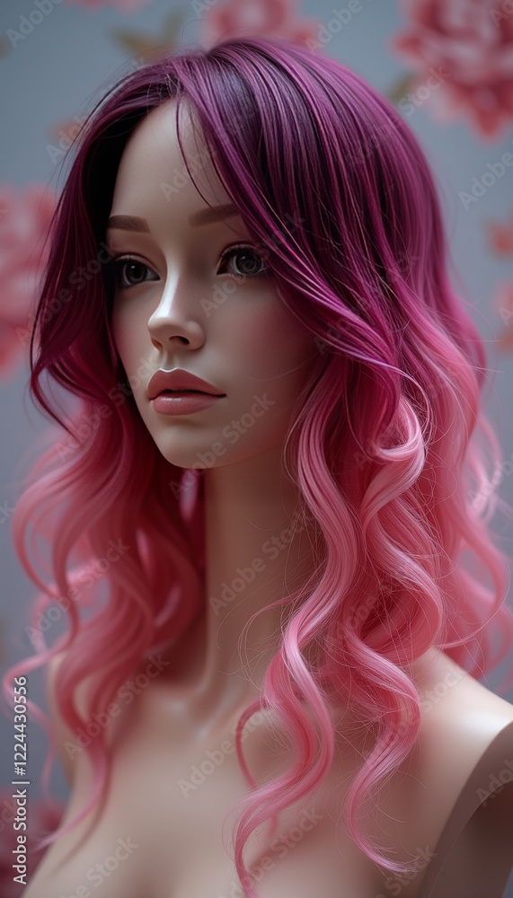 Fototapeta premium Pink ombre wavy hair mannequin in artistic close-up