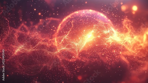 Luminous Sphere in a Vortex of Shimmering Particles: An Abstract Composition of Warm Hues