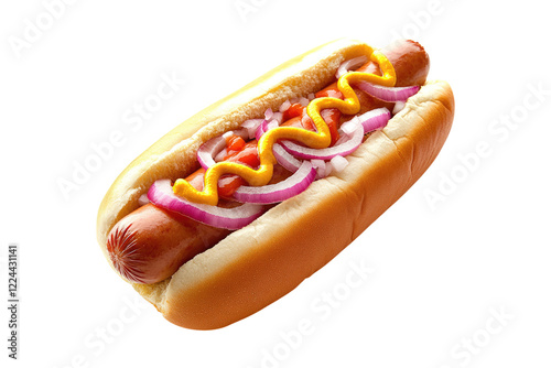 Wallpaper Mural Classic hot dog with mustard, ketchup and diced onions isolated on white or transparent, PNG Torontodigital.ca