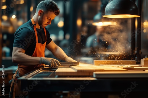 Carpenter cutting wooden plank using table saw in modern woodworking workshop photo