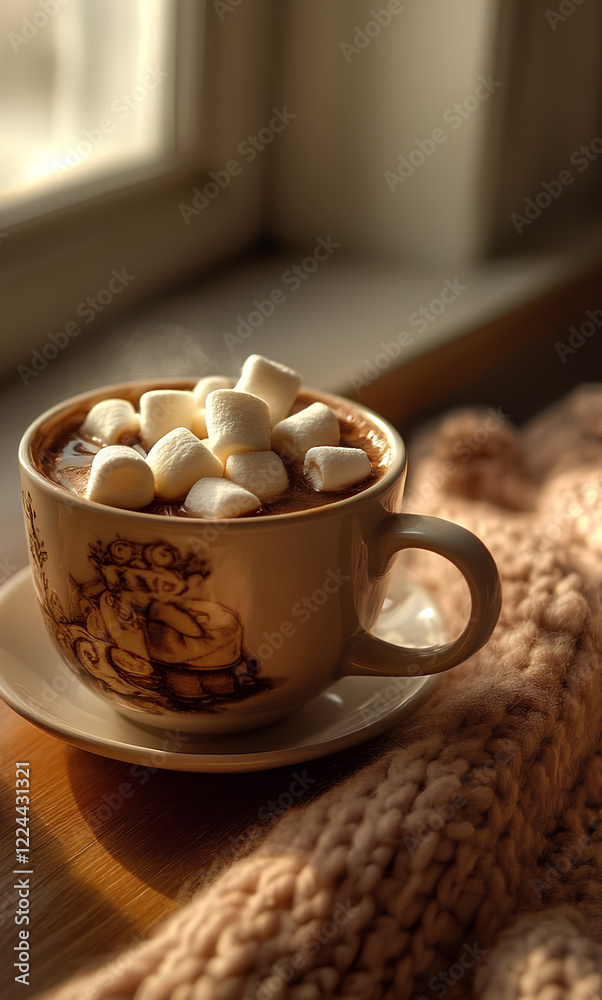 Fototapeta premium A cup of hot chocolate with marshmallows, accompanied by a soft, warm scarf, placed on a windowsill. The perfect setup for enjoying a cozy winter day by the window