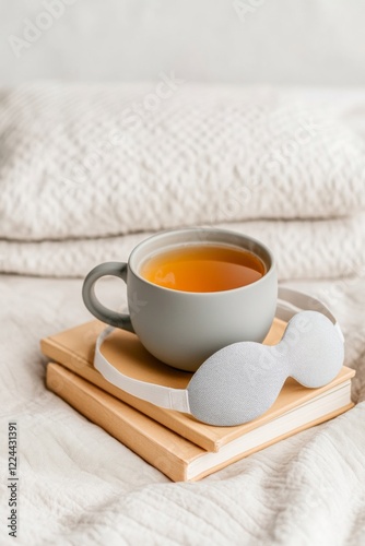 Pastel Calm Chamomile Tea and Books - World Sleep Day Tranquility and Easter Comfort with Textured Minimalist Bedside Essentials for Wellness and Lifestyle Retreats photo