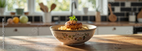 Single-serving bobotie in decorative bowl on kitchen island, culinary delight photo