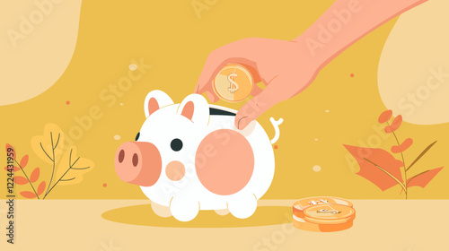 Woman's hand inserting coin into a piggy bank for savings and financial planning