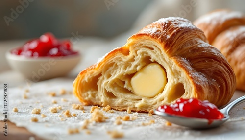 Capture a hyper-realistic 8k close-up image of a freshly baked croissant sliced in half, with a pat of butter melting on the inside. A spoonful of vibrant red jam is placed beside the croiss photo