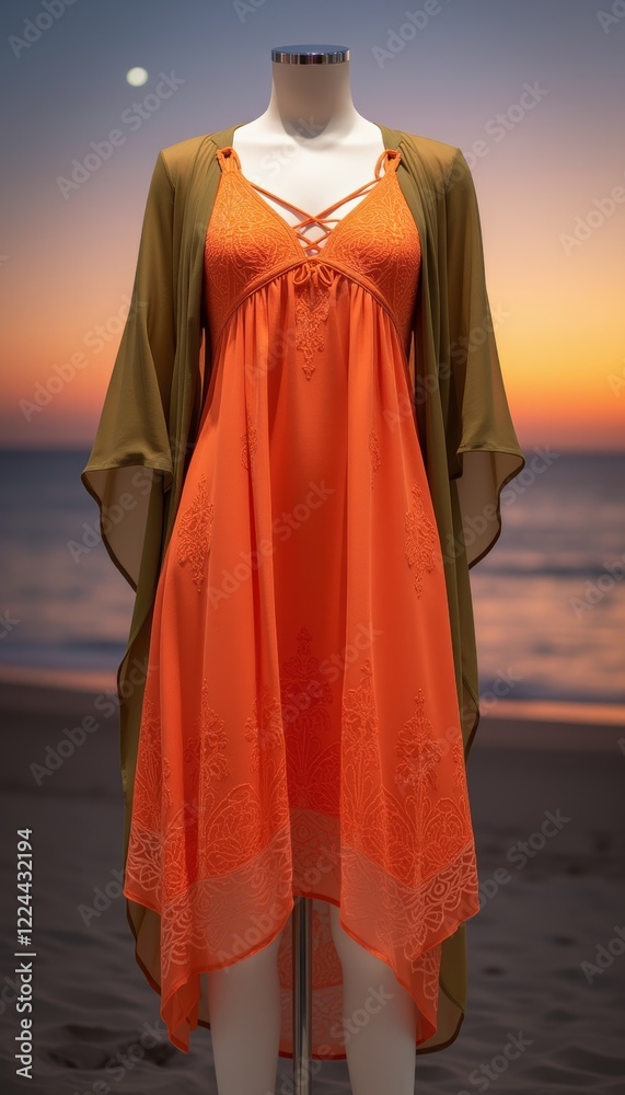 Fototapeta premium Orange lace summer dress on mannequin at sunset beach