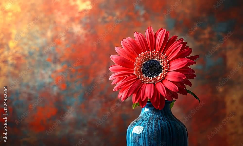 Vibrant red flower in a blue vase against a colorful abstract background, showcasing beauty