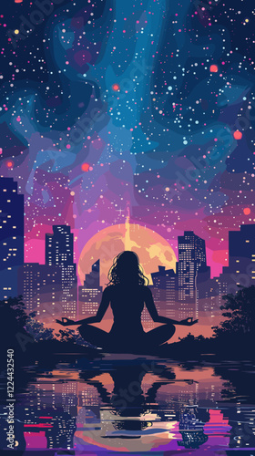 Women Meditating Under Illuminated Urban Night Sky, Rays of Light