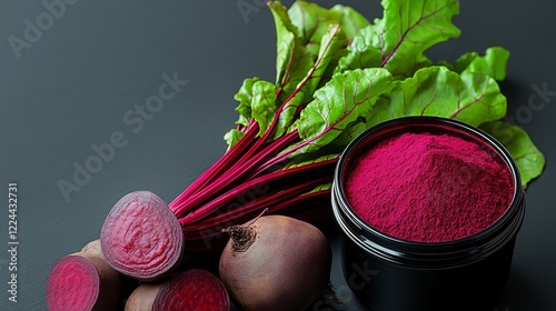 Bunch of beets and a container of beet powder. The beets are cut in half and the powder is in a black container