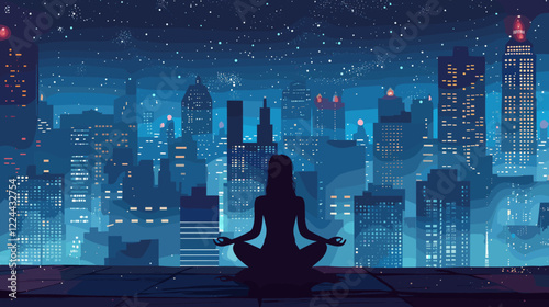 Women Meditating Under Illuminated Urban Night Sky, Rays of Light