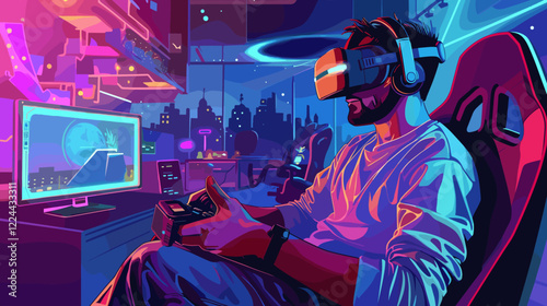 Young gamer immersed in virtual reality, wearing VR goggles and headset, playing an action-packed shooter game in a neon-lit room