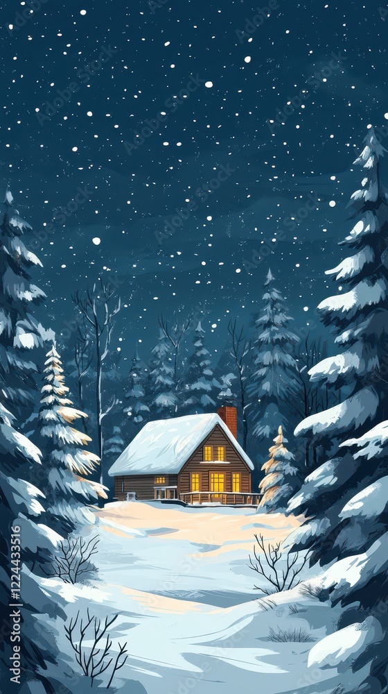 Naklejka premium A Cozy Cabin Nestled In A Snowy Winter Forest