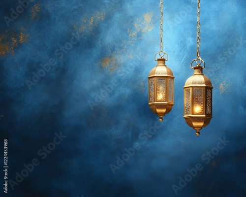 Timeless Ramadan Glamour Vintage Gold Lanterns on Deep Blue Swirl - Retro Art Print for Interior Design and Seasonally Inspired Commercial Spaces photo