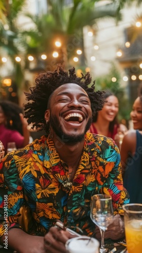 Group of friends enjoying a lively gathering at a cozy outdoor setting in the evening, sharing laughter and good vibes. Generative AI