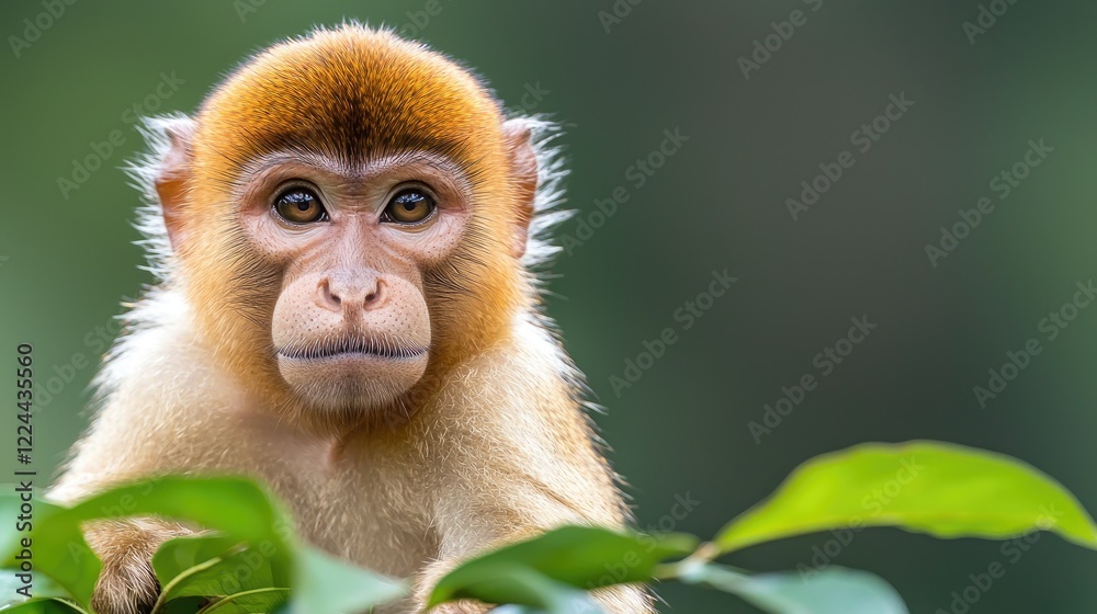 Obraz premium Curious young golden macaque monkey looks directly at the camera behind green leaves in a lush forest.