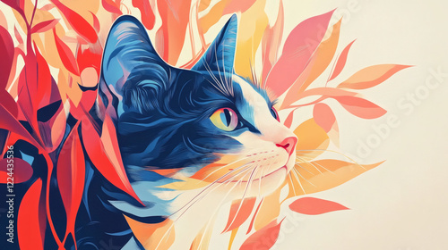 watercolor illustration painting of cat with abstract flowers