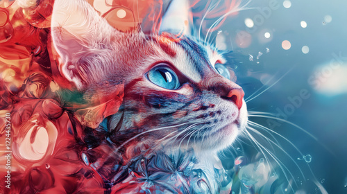 watercolor illustration painting of cat with abstract flowers