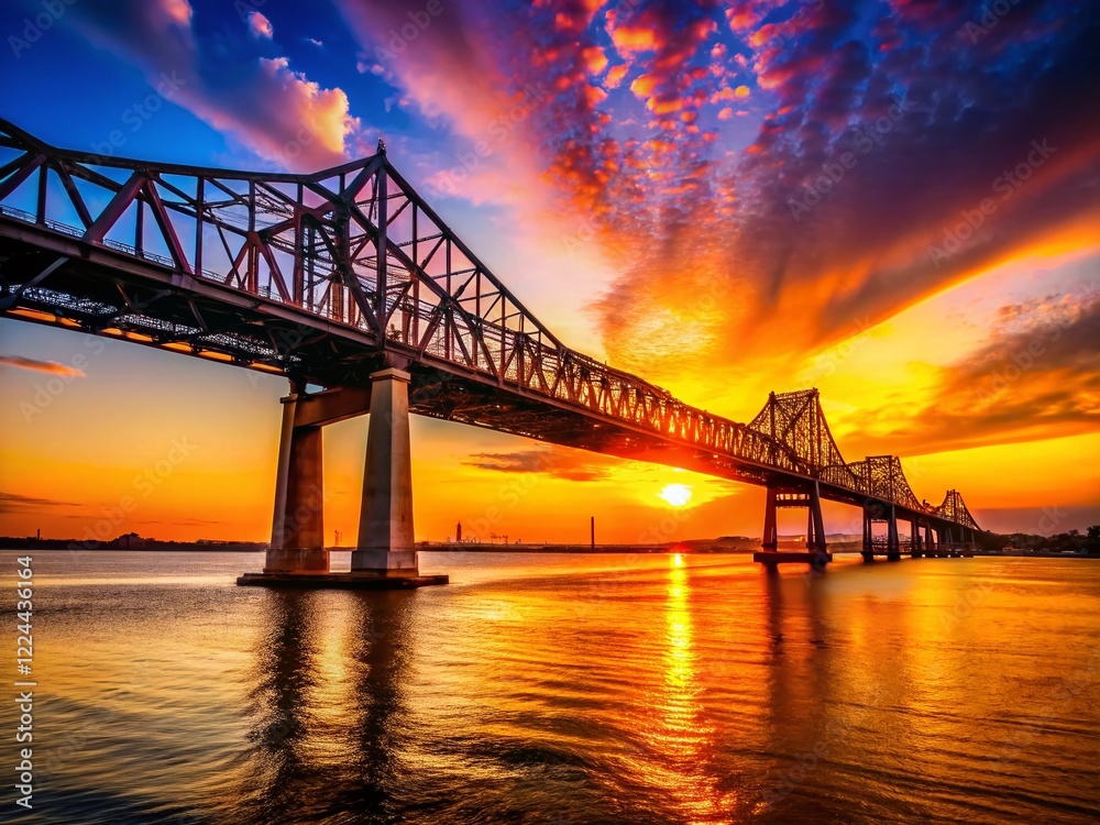 Fototapeta premium Baton Rouge Sunset: Mississippi River Bridge Silhouette, Louisiana Landscape Photography