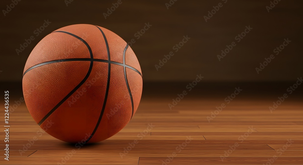 Classic Orange Basketball Resting on a Polished Wooden Floor with a Brown Background for Sports and Athletic Photography Classic Orange Basketball Resting on a Polished Wooden Floor with a Brown Background for Sports and Athletic Photography