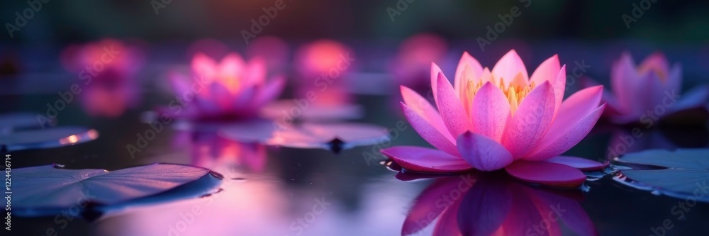 Softly glowing water lilies bloom on the surface of a light purple pond at dusk, water lilies, flower, garden Softly glowing water lilies bloom on the surface of a light purple pond at dusk, water lilies, flower, garden