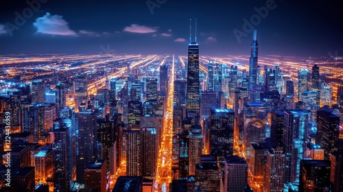 Wallpaper Mural Night cityscape, aerial view, city lights, downtown, skyscrapers, clouds, Illinois, urban, travel, background Torontodigital.ca