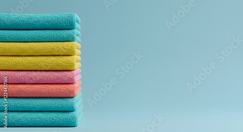 Clean Stack of Colorful Towels on the Left with a Solid Blue Background for Text
