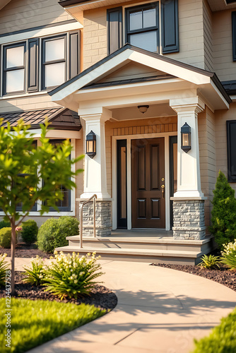 Wallpaper Mural Luxury Home Exterior: Modern Architecture and Landscaping Design.  A stunning front entrance with stonework, walkway, and beautiful landscaping creates curb appeal. Torontodigital.ca