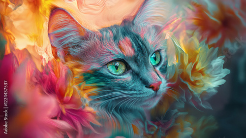 watercolor illustration painting of cat with abstract flowers