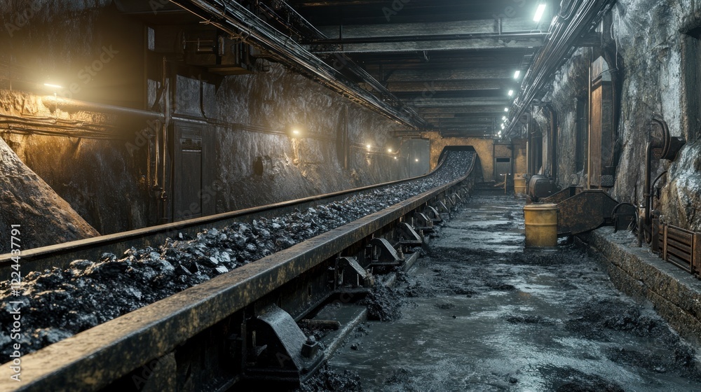 Fototapeta premium Coal conveyor belt transporting coal in industrial plant, dark tunnel background