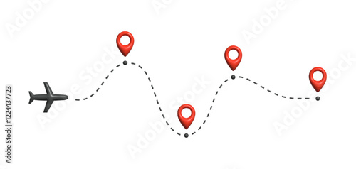 Airplane flying along dashed route with multiple location markers, symbolizing multi-stop travel, navigation, itinerary planning for tourism, logistics, airline services. Vector illustration