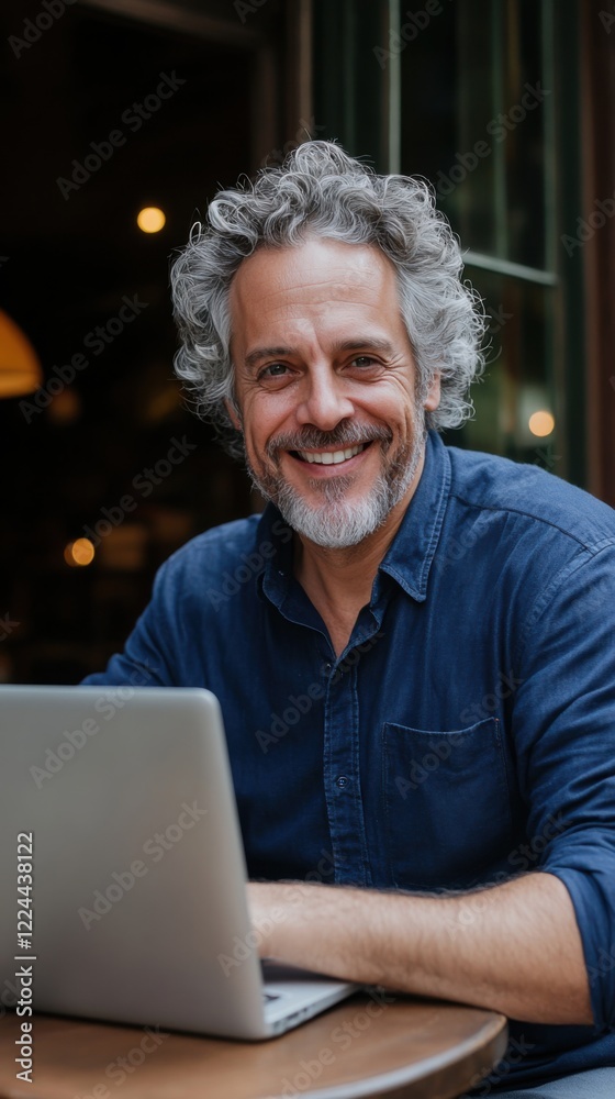 Smiling middle-aged man enjoys a video call while sitting at a cafe table during a sunny afternoon. Generative AI Smiling middle-aged man enjoys a video call while sitting at a cafe table during a sunny afternoon. Generative AI