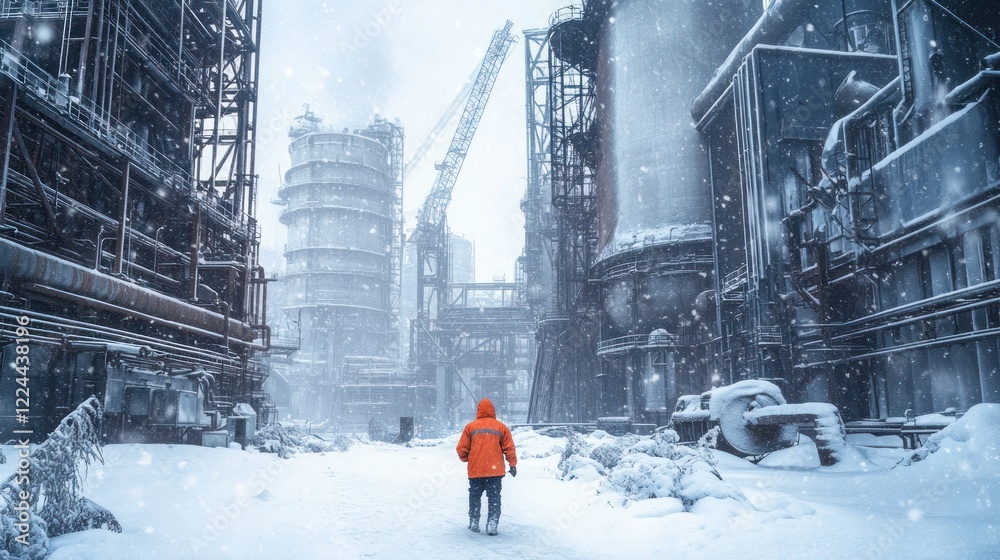 Fototapeta premium Worker walking snowy industrial plant, blizzard backdrop, safety