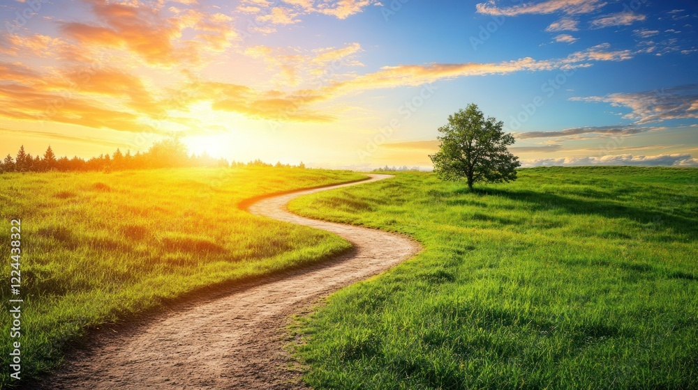 Obraz premium Winding road sunset field tree nature landscape travel