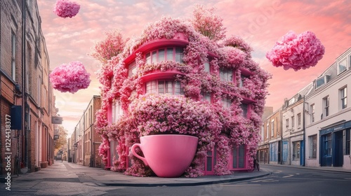 Floral building, teacup, city street, sunset, surreal art, fantasy photo