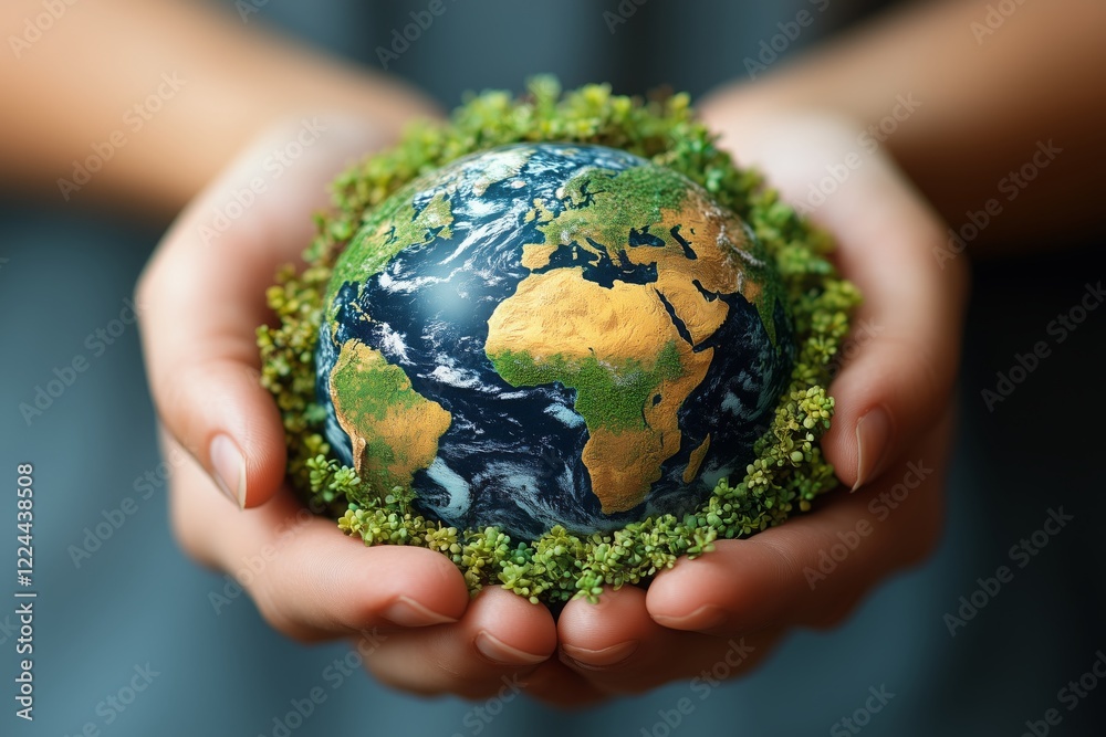 Hands gently holding a globe surrounded by green plants, symbolizing global care, sustainability, and environmental responsibility. Hands gently holding a globe surrounded by green plants, symbolizing global care, sustainability, and environmental responsibility.