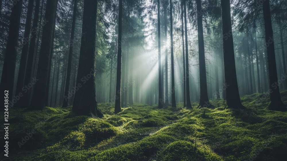 Obraz premium Sunbeams pierce misty forest, moss carpet, tranquil nature scene, poster