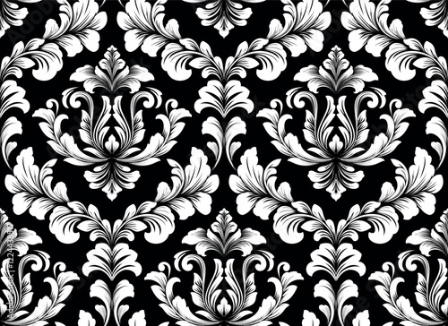 Wallpaper in the style of Baroque. White and black floral ornament. Seamless vector background. Graphic pattern for fabric, wallpaper, packaging. Ornate Damask flower illustration.