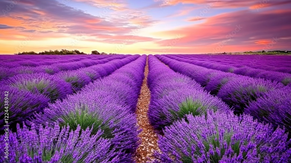 Obraz premium Sunset Lavender Field Rows, Provence, France, Peaceful Scenic