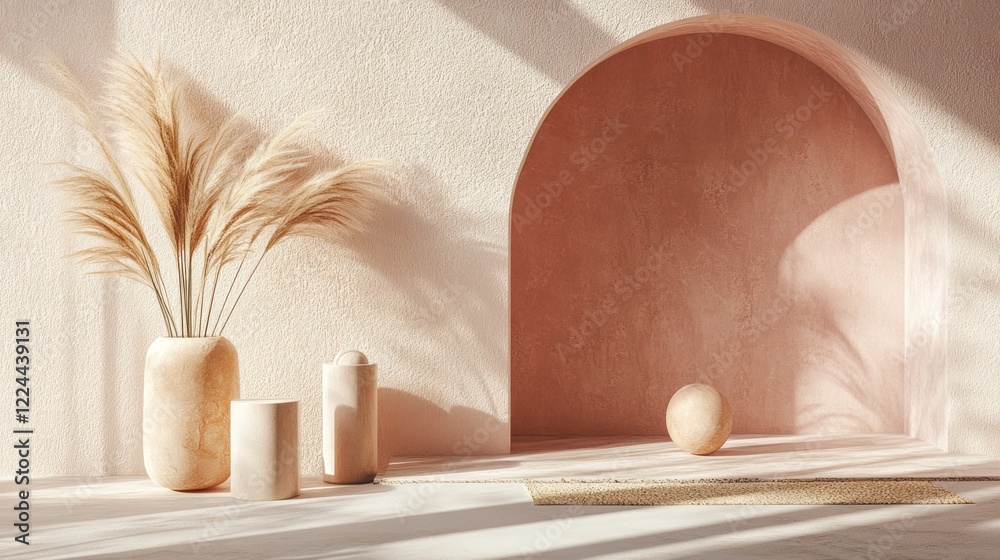 Obraz premium Sunlit room, arched niche, pampas grass vase, minimalist decor, product display