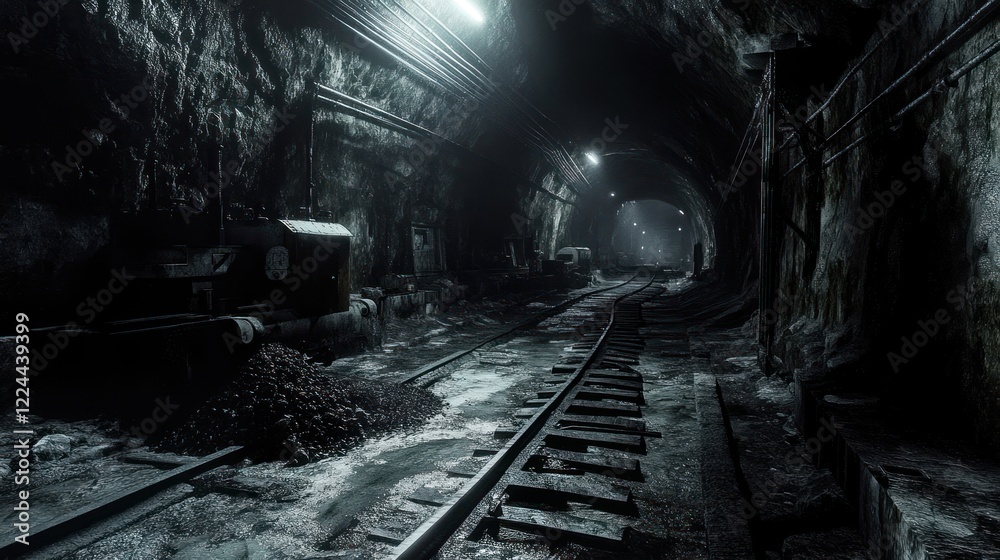 Obraz premium Dark mine tunnel, rail tracks, mining equipment, rock walls, background light, industrial setting
