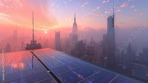 Solar panels on a rooftop at sunset, symbolizing sustainability and renewable energy in urban areas photo