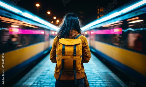 Woman with backpack on platform between trains at night