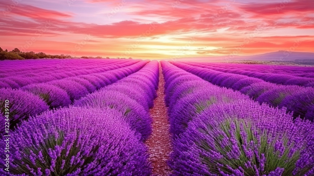 Obraz premium Sunset Lavender Field, Provence, France; vibrant rows, idyllic landscape, travel poster