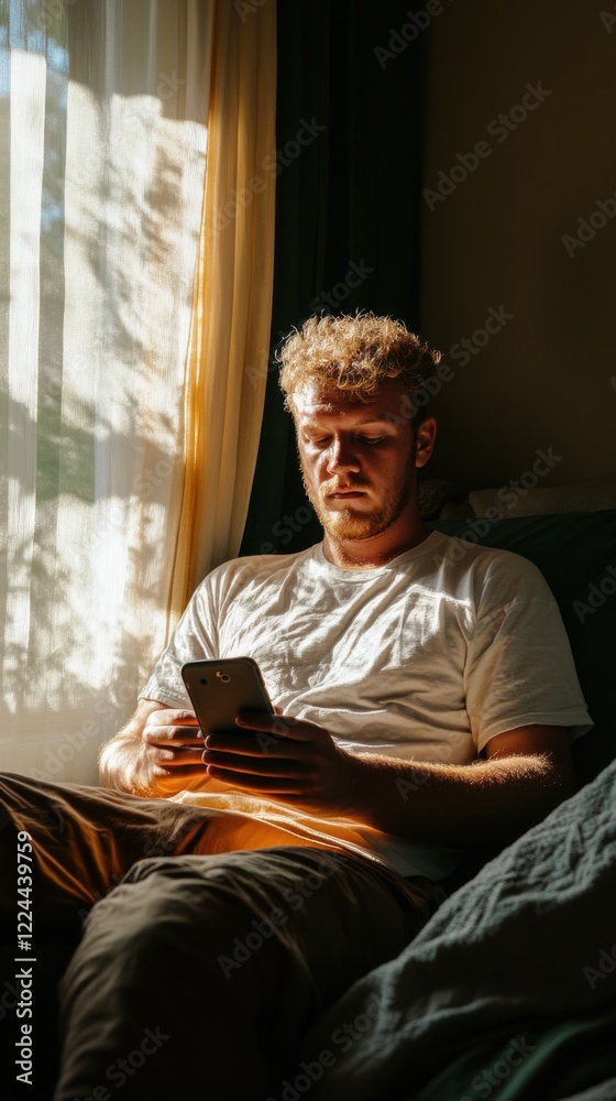 Young man immersed in writing a heartfelt message while relaxing in a sunlit room during the afternoon. Generative AI Young man immersed in writing a heartfelt message while relaxing in a sunlit room during the afternoon. Generative AI