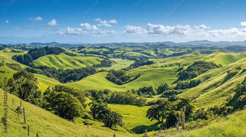 Fototapeta premium Sunny hillside valley panorama, lush green pastures, distant hills, travel brochure